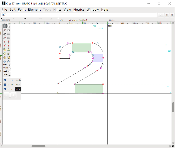 Screenshot of glyph editor in FontForge